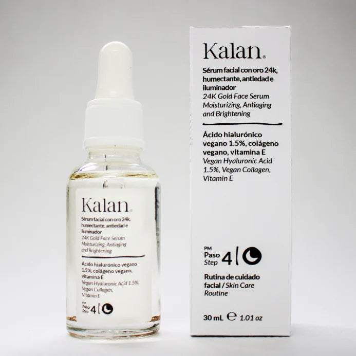 Kalan- Sérum Humectante, Antiedad e Iluminador (Oro 24k + Ácido Hialurónico Vegano + Colágeno Vegano + Vitamina E)